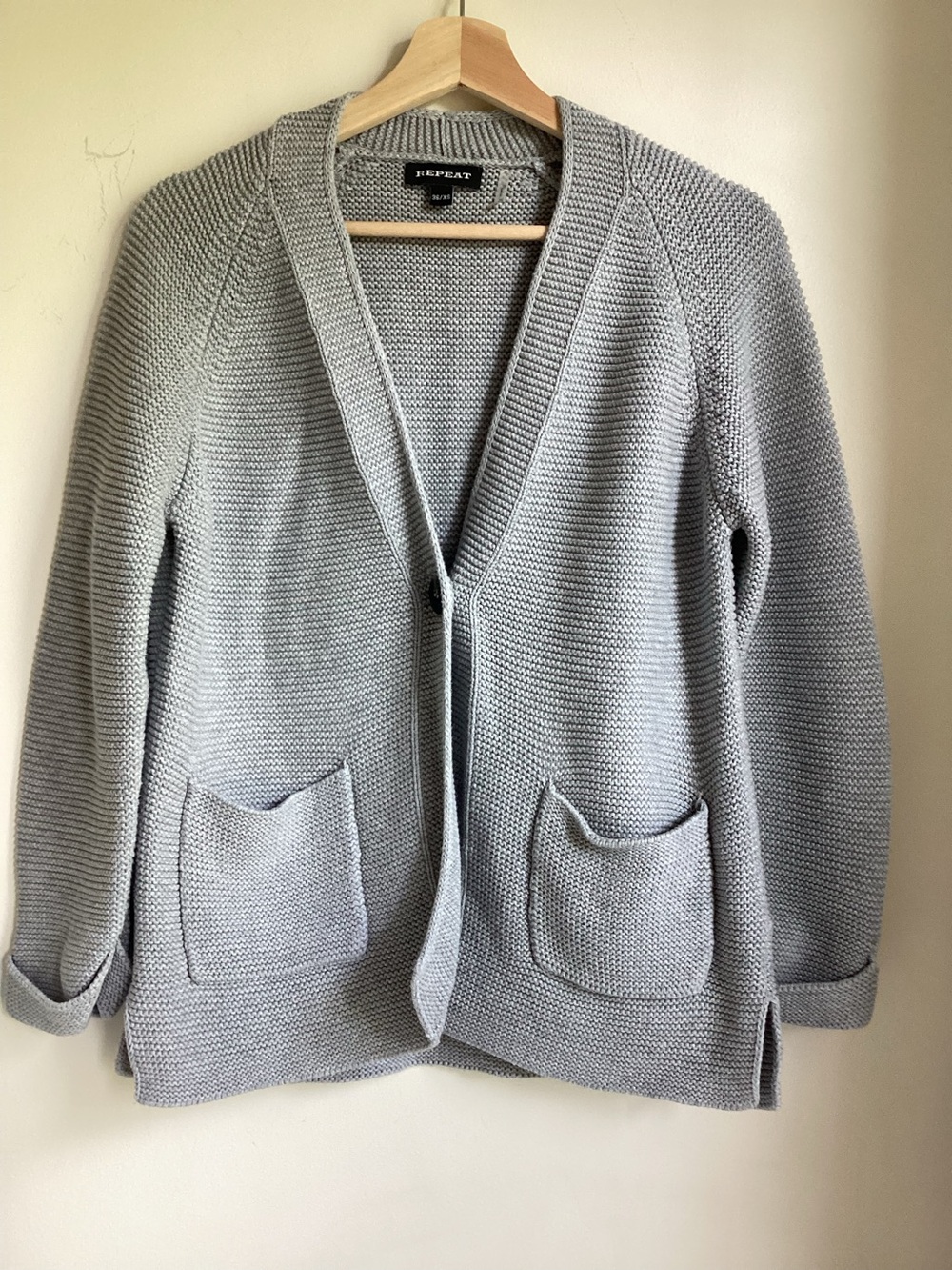 Repeat Gray Cotton Knit Open Front Cardigan Sweater XS 36 Textured Pockets